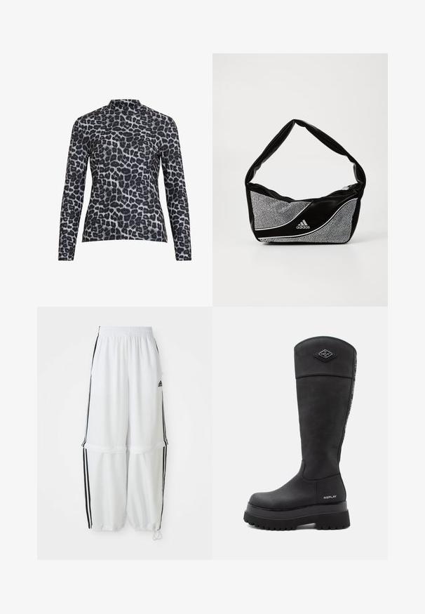 Schwarze, kürzere Jacke aus Kunstleder, mit spiralförmigen gepolsterten Akzenten auf der Brust, durchgehendem Reißverschluss und weißen Seitenstreifen an den Ärmeln.; Langärmliges Oberteil mit hohem Kragen, aus glattem Material mit einem schwarz-grauen Leopardenmuster.; Weiße Sporthose mit lockerer Passform, elastischem Bund und schwarzen Seitenstreifen. Verfügt über Reißverschlusstaschen und elastische Bündchen am Knöchel.; Schwarzer knielanger Lederstiefel mit dicker Profilsohle, "Replay"-Logo in der Nähe der Ferse und an der Vorderseite oben sowie einem markierten Streifen, der hinten entlangläuft.; Schwarze und silberne adidas-Handtasche mit einer glatten Textur, die ein glänzendes, genietetes Muster und ein markantes, geschwungenes Design aufweist.