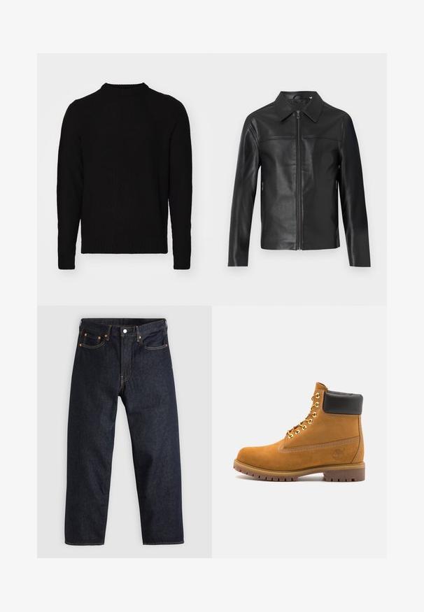 Μαύρο δερμάτινο μπουφάν με μακριά μανίκια, μπροστινό φερμουάρ και αιχμηρό γιακά, εκτεθειμένο σε λευκό φόντο.; Μαύρος πλεκτός σκούφος με ριμπ υφή, διαθέτει στρογγυλή λαιμόκοψη και μακριά μανίκια. Ο σχεδιασμός είναι απλός και κλασικός σε σχήμα.; Σκούρο μπλε τζιν παντελόνι με ίσια γραμμή, πέντε τσέπες, αντίθετη πορτοκαλί ραφή και κουμπί στην μέση. Χωρίς ορατά σχέδια ή διακοσμήσεις.; Μπεζ σουέτ ankle boots με μαύρη μαλακή επένδυση στον κολάρο, χρυσά μεταλλικά μάτια, λευκή ραφή και ανθεκτική καουτσούκ σόλα με έντονες γκριζαρισμένες υφές.