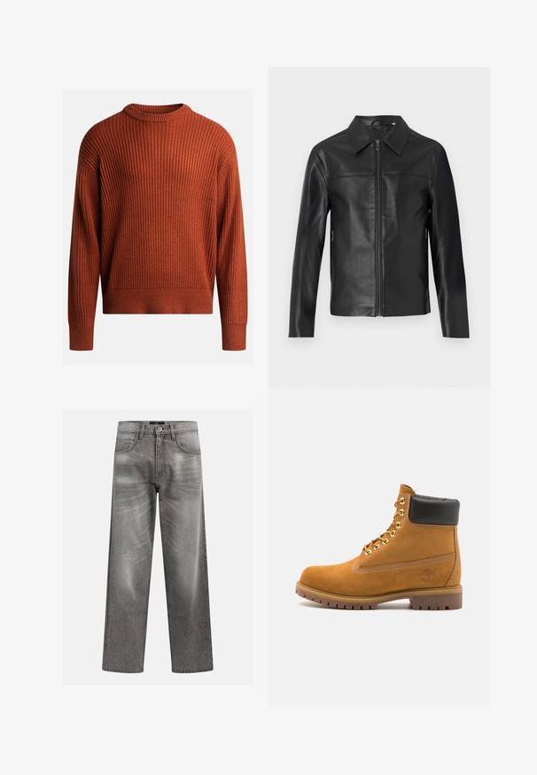 Black leather jacket with long sleeves, front zipper closure, and pointed collar, displayed against a white background.; Ribbed knit pullover sweater in burnt orange with a round neck and long sleeves. Soft texture, relaxed fit, and subtle stretch detail.; Gray denim jeans with a loose fit, featuring whiskering and fading details, a classic five-pocket design, and a button closure.; Tan suede ankle boot with black padded collar, gold metal eyelets, white stitching detailing, and rugged rubber sole with pronounced treads.