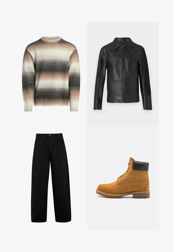Schwarze Lederjacke mit langen Ärmeln, Vorderreißverschluss und spitzem Kragen, vor einem weißen Hintergrund präsentiert.; Strickpullover mit Rundhalsausschnitt, gerippten Bündchen und einem Farbverlaufsmuster in Creme-, Beige- und Grautönen. Weicher Stoff und lockere Passform.; Schwarze weite Jeans aus Denim, mit Fronttaschen, einem Knopfverschluss und einem klaren, minimalistischen Design ohne sichtbare Muster.; Beige Wildleder-Ankle-Boot mit schwarzem gepolstertem Kragen, goldenen Metallösen, weißen Nähdetalben und einer robusten Gummisohle mit ausgeprägtem Profil.