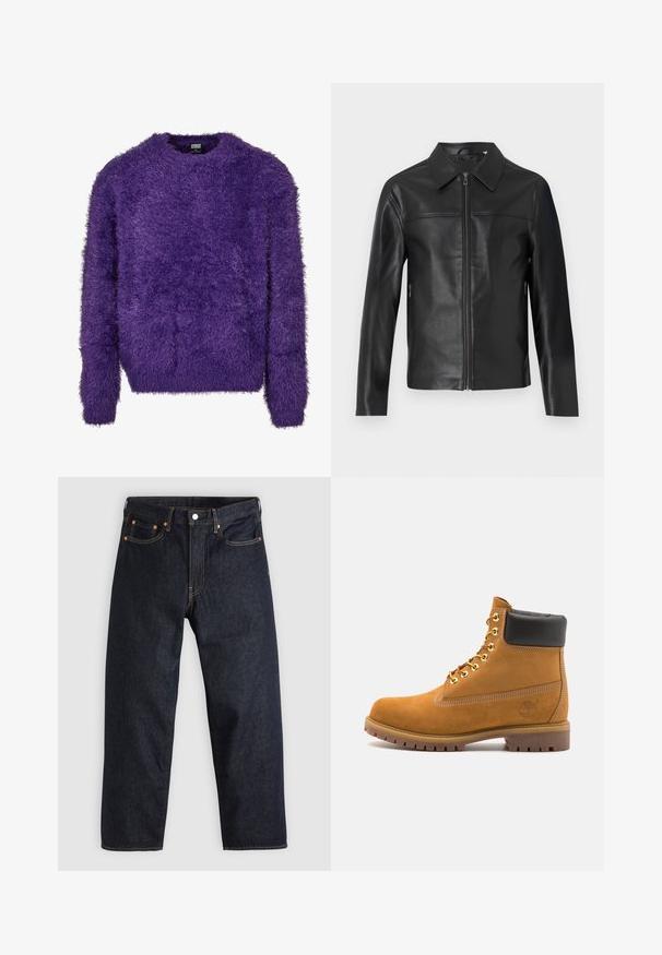 Zwarte leren jas met lange mouwen, ritssluiting aan de voorkant en puntige kraag, weergegeven tegen een witte achtergrond.; Paarse fluffy trui met een ronde halslijn en lange mouwen. Heeft een gestructureerd, pluizig oppervlak en een relaxte pasvorm.; Donkerblauwe denim jeans met een rechte snit, vijf zakken, contrasterende oranje stiksels en een knoopsluiting. Geen zichtbare patronen of versieringen.; Tan suède enkelboot met zwart gevoerd kraagje, gouden metalen oogjes, witte stikdetails en een robuuste rubberen zool met uitgesproken profiel.