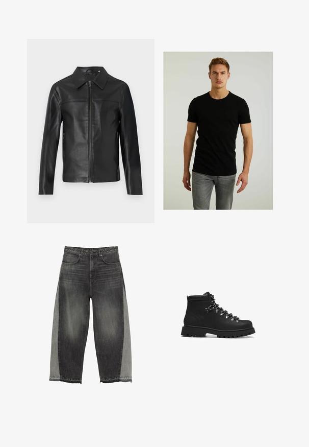 Sort læderjakke med lange ærmer, frontlynlås og spidse krave, vist mod en hvid baggrund.; Sort kortærmet t-shirt lavet af bomuld, med rund hals og et lille, præget firkantet logo på venstre bryst. Bæres med lysegrå jeans.; Bredde jeans i mørkegrå denim med kontrasterende lysegrå sideskæringer. Ru kantdetaljer fremhæver det unikke design. Fem-lommestil.; Sorte lædervandrestøvler med en robust gummisål, metal snørebåndsbeslag og en høj ankeludformning for støtte og holdbarhed.