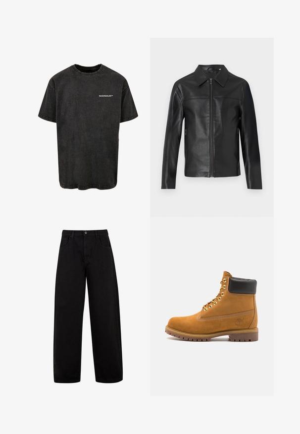 Fekete bőrdzseki hosszú ujjakkal, elöl cipzáros záródással és hegyes gallérral, fehér háttér előtt bemutatva.; Fekete pamut póló kerek nyakkal, rövid ujjal, vintage megjelenéssel, fehér nyomtatott logóval az elején.; Fekete, bővített szárú farmernadrág, elülső zsebekkel, gombos záródással és tiszta, minimalista dizájnnal, látható minták nélkül.; Barna velúr bokacipő fekete párnázott gallérral, arany fém fűzőlyukakkal, fehér varrási részletekkel és durva gumitalppal, amelynek kifejezett barázdái vannak.