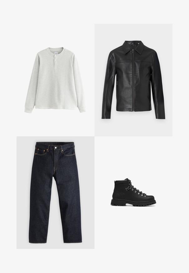 Schwarze Lederjacke mit langen Ärmeln, Vorderreißverschluss und spitzem Kragen, vor einem weißen Hintergrund präsentiert.; Hellgraues langärmeliges Hemd mit geripptem Textur, Rundhalsausschnitt und einer dreiknöpfigen Blendenverzierung am Kragen.; Dunkelblaue Jeans aus Denim mit geradem Schnitt, fünf Taschen, kontrastierenden orangen Nähten und einem Knopfverschluss. Keine sichtbaren Muster oder Verzierungen.; Schwarze Lederwanderstiefel mit einer robusten Gummisohle, metallenen Schnürhaken und einem hohen Knöcheldesign für Unterstützung und Langlebigkeit.