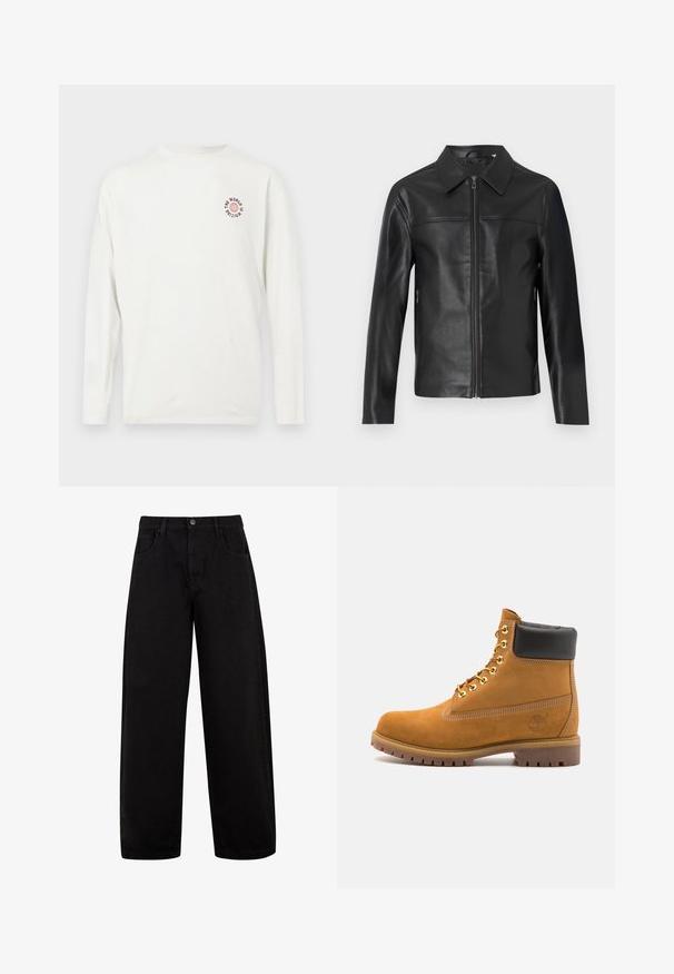 Black leather jacket with long sleeves, front zipper closure, and pointed collar, displayed against a white background.; White long-sleeve shirt with small red globe graphic and black text "THE WORLD IS WAITING" on upper left chest.; Black wide-leg jeans made of denim, featuring front pockets, a button closure, and a clean, minimal design without visible patterns.; Tan suede ankle boot with black padded collar, gold metal eyelets, white stitching detailing, and rugged rubber sole with pronounced treads.