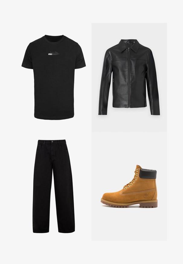 Melnas ādas jaka ar garām piedurknēm, priekšējā rāvējslēdzēja aizdare un smailais apkakle, izlikta pret baltu fonu.; Melna kokvilnas T-kreklu ar īsām piedurknēm un apaļu kakla izgriezumu. Uz krūšu daļas ir balts drukāts teksts, tostarp vārds "TAURENIS."; Melni platā kāju džinsi no denima, ar priekšējām kabatām, pogu aizdari un tīru, minimālistisku dizainu bez redzamām rakstām.; Brūna zamša potīte ar melnu izšuvumu ap kaklu, zelta metāla acu caurumi, balta šuvju apdare un izturīgs gumijas zole ar izteiktu zīmējumu.