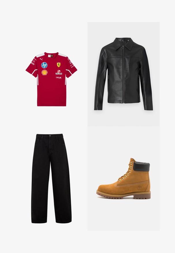 Chaqueta de cuero negro con mangas largas, cierre frontal de cremallera y collar puntiagudo, exhibida sobre un fondo blanco.; Jersey rojo de manga corta hecho de una tela suave, con detalles blancos y varios logotipos de patrocinadores, incluyendo el emblema de Ferrari en el pecho.; Jeans anchos negros de mezclilla, con bolsillos delanteros, cierre de botón y un diseño limpio y minimalista sin patrones visibles.; Botín de ante marrón claro con collar acolchado negro, ojales de metal dorado, detalles de costura blanca y suela de goma resistente con tacos pronunciados.