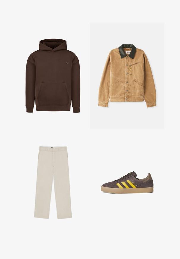 Veste en toile marron avec un col en cuir noir, deux poches avant, une poche zippée sur la poitrine et des boutons métalliques. Finition en tissu texturé.; Haut à capuche marron en tissu doux, featuring une poche avant, des poignets côtelés et un capuchon avec cordon de serrage. Petit logo sur la poitrine.; Pantalons beige à jambes larges avec une texture lisse, dotés de passants de ceinture, de deux poches avant et d'une fermeture éclair. Design minimaliste.; Baskets en daim grises avec trois rayures jaunes, semelle en caoutchouc, et détails texturés. Nom de la marque "Gazelle" sur le côté. Conception simple à lacets.