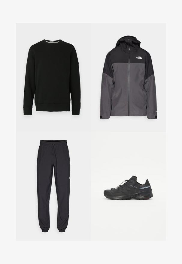 Szara wodoodporna kurtka z czarną górną częścią, zapinana na zamek, z regulowanym kapturem i elastycznymi mankietami. Posiada logo na klatce piersiowej i rękawie.; Czarna bluza z okrągłym dekoltem, długimi rękawami oraz ściągaczami na mankietach i dolnym brzegu. Miękka tkanina z metką na lewym rękawie i minimalnym wzornictwem.; Czarne spodenki sportowe wykonane z lekkiego materiału, z elastycznym pasem na sznurek, bocznymi kieszeniami i zwężanymi mankietami przy kostkach.; Czarne buty do biegania w terenie z teksturowaną cholewką, elastycznymi sznurówkami i podeszwą Contagrip. Charakteryzują się dopasowanym krojem oraz ochronną osłoną palców.