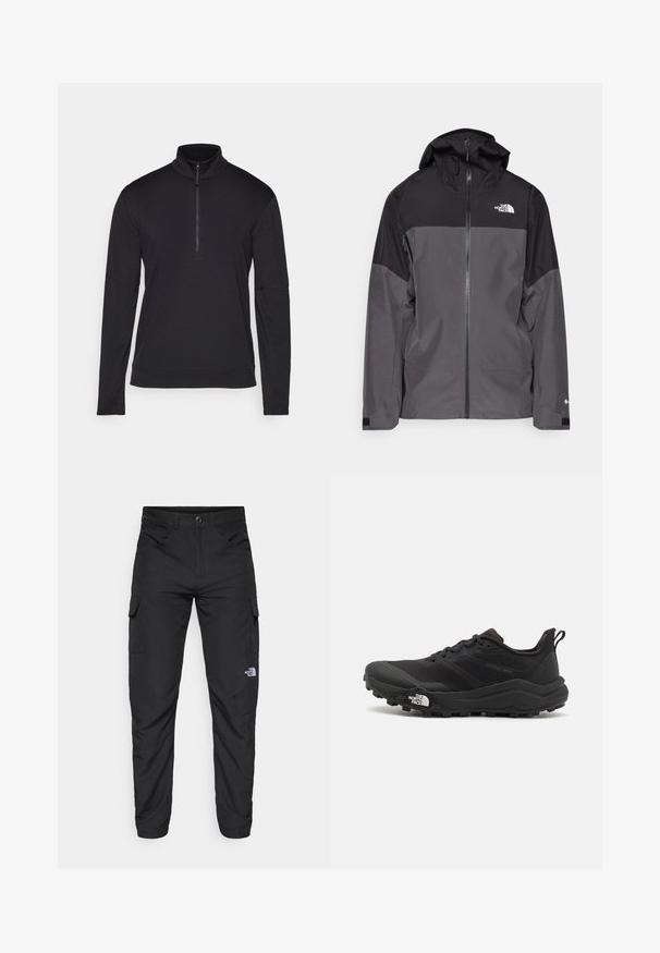 Giacca impermeabile grigia con sezione superiore nera, zip frontale, cappuccio regolabile e polsini elasticizzati. Presenta il logo sul petto e sulla manica.; Pullover nero a maniche lunghe con colletto a zip, realizzato in materiale morbido, dotato di cuciture piatte e una vestibilità rilassata per il massimo comfort.; The North Face HORIZON PANT - Pantaloni outdoor - black; Scarpa da trail running nera con tomaia texture, suola in gomma e punta rinforzata. Presenta un collare imbottito e un tassello per un indossamento facile.