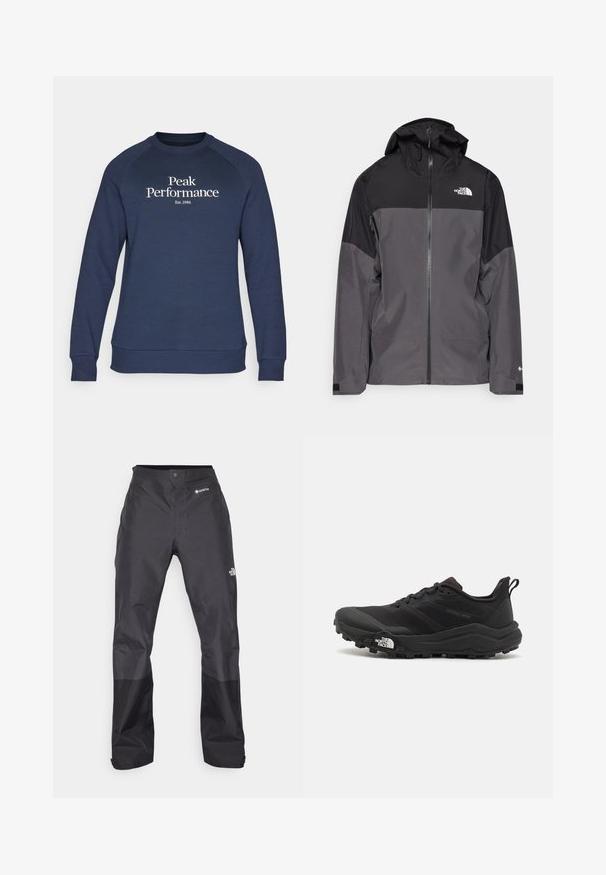 Pelēks ūdensnecaurlaidīgs mētelis ar melnu augšējo daļu, ar rāvējslēdzēja priekšpusi, regulējamu kapuci un elastīgām aprocēm. Iekļauj logotipu uz krūtīm un piedurknēm.; Peak Performance ORIGINAL CREW-BLACK-OFFWHITE - Ikdienas džemperis - blue shadow/offwhite; Melni ūdensnecaurlaidīgi bikses ar gludu tekstūru, ar GORE-TEX logo priekšpusē un pastiprinātiem apakšējiem matiņiem izturībai.; Melnas taku skriešanas kurpes ar teksturētu virsu, gumijas zoli un pastiprinātu pirkstu daļu. Aprīkotas ar mīkstu apkakli un vilkšanas cilpu, lai viegli uzvilktu.