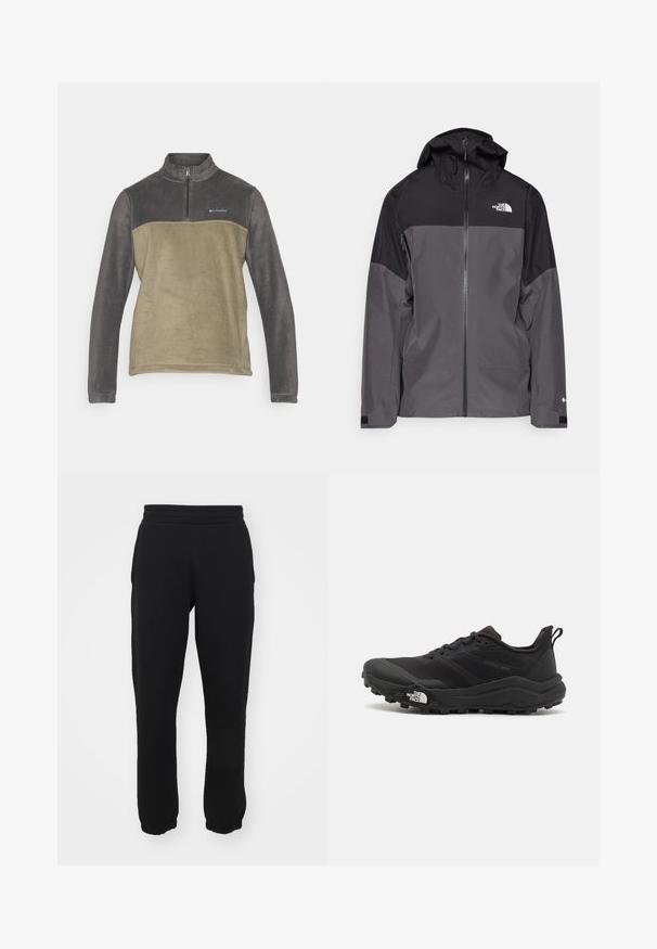 Grijze waterdichte jas met een zwart bovenstuk, een rits aan de voorkant, een verstelbare capuchon en elastische manchetten. Bevat logo op de borst en de mouw.; Columbia STEENS MOUNTAIN™ HALF ZIP - Fleece trui - shark/stone green; Zwarte sweatpants van een katoenmix, met een elastische tailleband, taps toelopende benen en ribgebreide boorden bij de enkels. Eenvoudig ontwerp, zonder patronen.; Zwarte trailrunning schoen met een gestructureerde bovenkant, rubberen zool en versterkte neus. Voorzien van een gevoerde kraag en een trekhaak voor eenvoudig aan- en uittrekken.