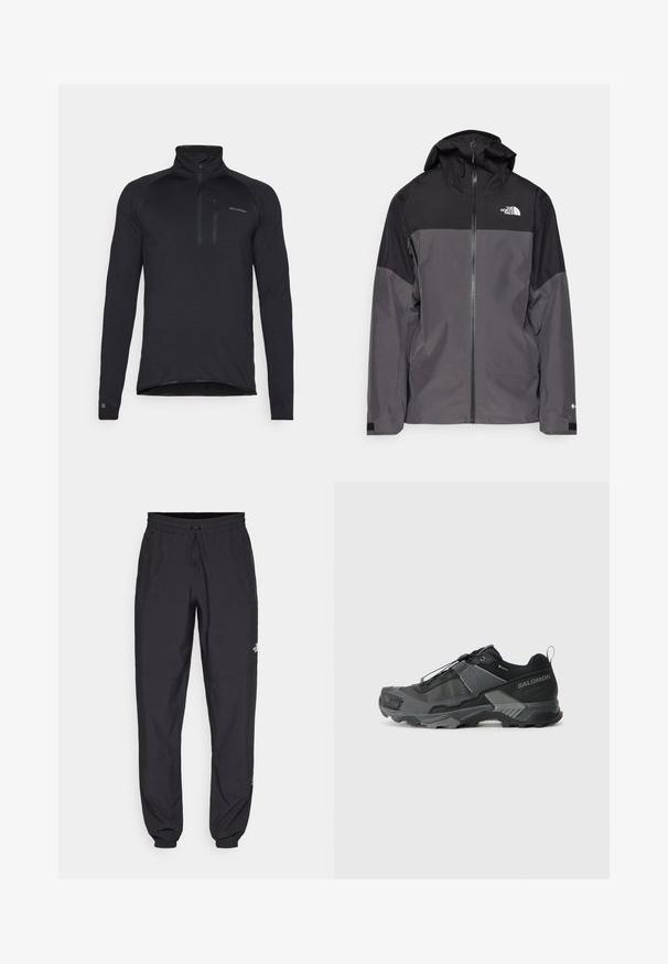 Szürke vízálló dzseki fekete felső résszel, cipzáros elülső rész, állítható kapucni és rugalmas mandzsetta. A mellkason és az ujjon logóval ellátva.; Fekete, hosszú ujjú, negyedcipzáros felső, textúrált anyagból, magas gallérral és kis logóval a mellen.; Fekete sportnadrág, könnyű anyagból készült, húzózsinóros derékkal, oldalsó zsebekkel és szűkített szárakkal a bokáknál.; Fekete terepfutó cipő tartós hálós felsőrésszel, megerősített orr résszel, texturált gumitalppal és rugalmas fűzőrendszerrel a biztonságos illeszkedés érdekében.