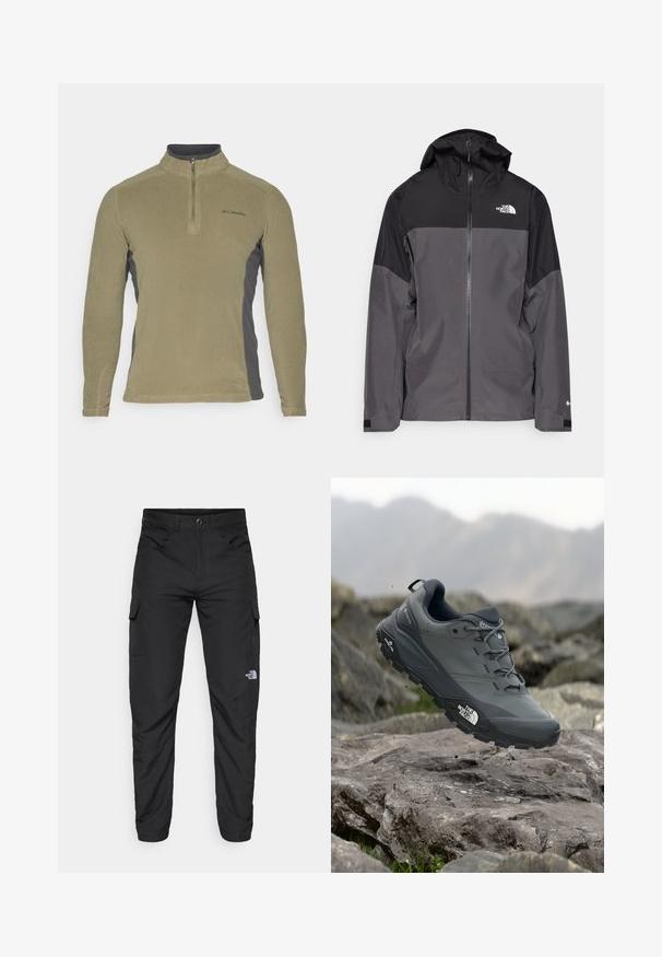 Grijze waterdichte jas met een zwart bovenstuk, een rits aan de voorkant, een verstelbare capuchon en elastische manchetten. Bevat logo op de borst en de mouw.; Fleece pullover in olijfgroen met donkergrijze zijpanelen, opstaande kraag en een rits aan de voorkant. Bevat een klein logo op de borst.; The North Face HORIZON PANT - Outdoorbroeken - black; Grijze trailrun-schoen met een gestructureerde bovenkant, duurzame rubbersole en versterkte neuskap. Voorzien van veters en een merkimprint aan de zijkant.