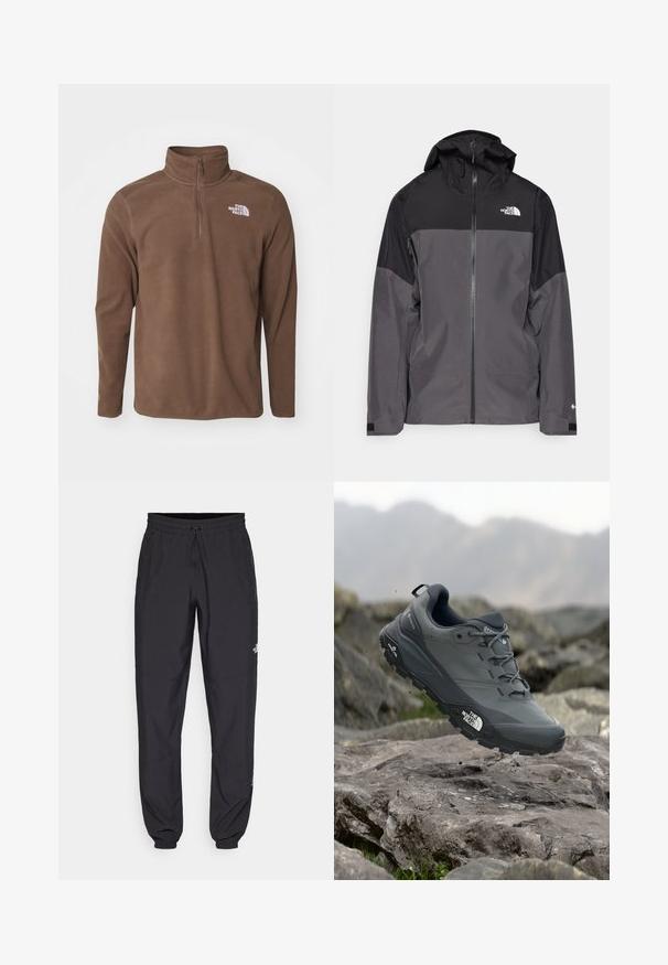 Siva vodoodbojna jakna z črnim zgornjim delom, zadrgo spredaj, nastavljivo kapuco in elastičnimi manšetami. Ima logotip na prsih in rokavih.; The North Face GLACIER 1/4 ZIP - Pulover iz flisa - smokey brown; Črne atletske hlače iz lahkega materiala, ki imajo elastični pas z vezalko, stranske žepe in zožene manšete na gležnjih.; Sive teka za trail tek, z teksturirano zgornjimi deli, trpežnim gumijastim podplatom in ojačanim kapico za prste. Ima vezi in logotip blagovne znamke na strani.