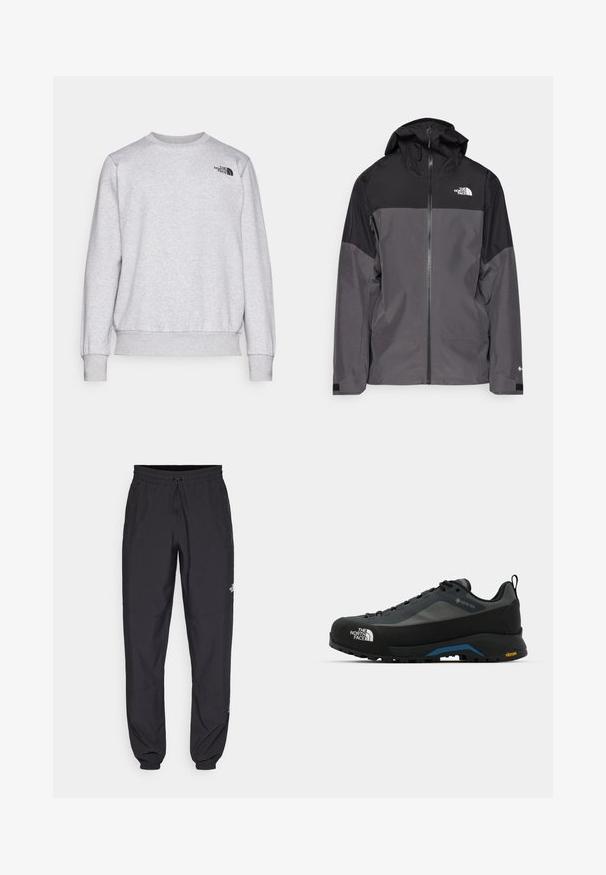 Hallide hall matroos jope, millel on must ülemine osa, lukuga esiosa, reguleeritav kapuuts ja elastsed varrukad. Selles on rinnal ja varrukal logo.; Hallux hall müts, mis on valmistatud pehmest kangast, millel on pikad varrukad, ümmargune kaelus, soonikkoes mansetid ja rinnal väike must logo.; Mustavad sportlikud püksid, mis on valmistatud kergest kangast, joonlauaga taljest, küljetaskudega ja kitsenevate varrukatega pahkluude juures.; The North Face VERTO ALPINE GORE TEX - Matkajalatsid - asphalt grey/tnf black