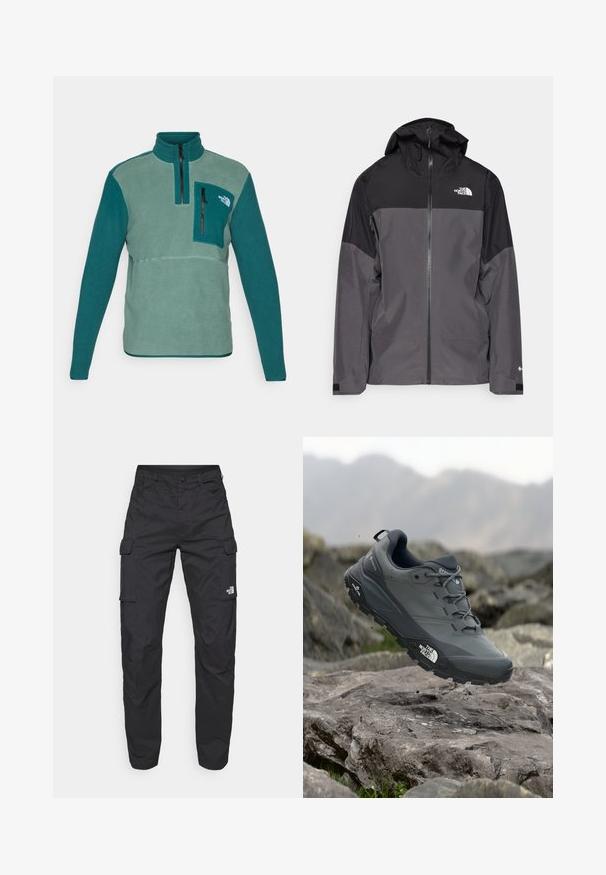 Siva vodoodbojna jakna z črnim zgornjim delom, zadrgo spredaj, nastavljivo kapuco in elastičnimi manšetami. Ima logotip na prsih in rokavih.; Pulover iz flisa v teal in zeleni barvi z visokim ovratnikom, polovičnim zadrgo in sprednjim žepom na prsih z črno zadrgo. Ima teksturirano tkanino.; The North Face EXPLORATION PANTS - Hlačami s stranskimi žepi - black; Sive teka za trail tek, z teksturirano zgornjimi deli, trpežnim gumijastim podplatom in ojačanim kapico za prste. Ima vezi in logotip blagovne znamke na strani.