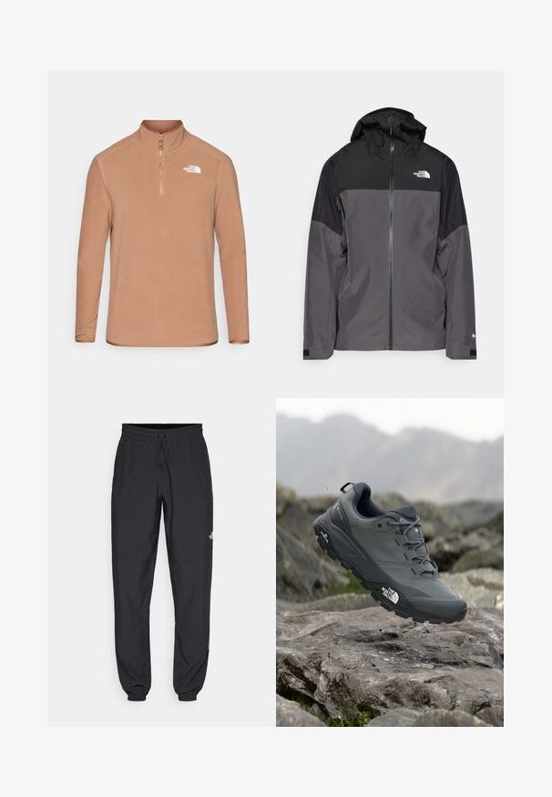 Pelēks ūdensnecaurlaidīgs mētelis ar melnu augšējo daļu, ar rāvējslēdzēja priekšpusi, regulējamu kapuci un elastīgām aprocēm. Iekļauj logotipu uz krūtīm un piedurknēm.; Brūns fliisa džemperis ar augstu apkakli, pusgariem rāvējslēdzējiem un garām piedurknēm. Uz kreisā krūts ir balts logo, un tam ir gluda tekstūra.; Melni sporta bikses, kas izgatavotas no viegla auduma, ar savelcamu jostu, sānu kabatām un sašaurinātiem apakšējiem galiem pie potītēm.; Pelēki skrējēju apavi ar teksturētu virsu, izturīgu gumijas zoli un pastiprinātu pirkstu daļu. Iekļauj šņores un zīmola logo sānos.