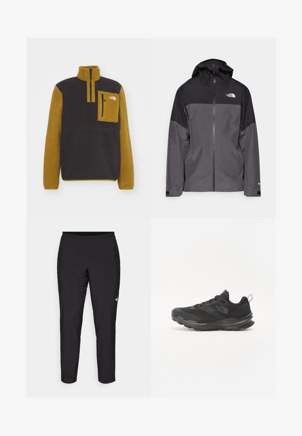 Gray waterproof jacket with a black upper section, zippered front, adjustable hood, and elastic cuffs. Features logo on chest and sleeve.; The North Face YUMIORI 1/4 ZIP - Fleece jumper - black/moss green; Black athletic pants with an elastic waistband, tapered shape, smooth texture, and a small white logo on the lower leg.; Black athletic shoe with mesh upper, rubber outsole, and padded collar. Features laces, logo on the side, and a textured design.