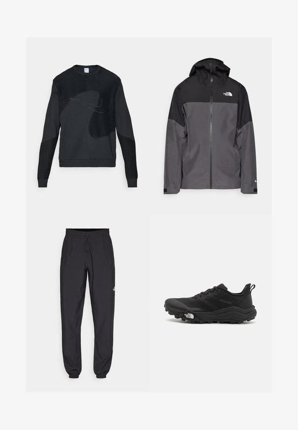 Szürke vízálló dzseki fekete felső résszel, cipzáros elülső rész, állítható kapucni és rugalmas mandzsetta. A mellkason és az ujjon logóval ellátva.; Fekete Nike pulóver, texturált dizájnnal, különböző anyagmintákkal, kerek nyakkal és hosszú ujjakkal, amely a modern esztétikát hangsúlyozza.; Fekete sportnadrág, könnyű anyagból készült, húzózsinóros derékkal, oldalsó zsebekkel és szűkített szárakkal a bokáknál.; Fekete terepfutó cipő, textúrált felső résszel, gumitalppal és megerősített lábujjrészével. Párnázott bokarésszel és húzófüllel rendelkezik a könnyű felhúzáshoz.