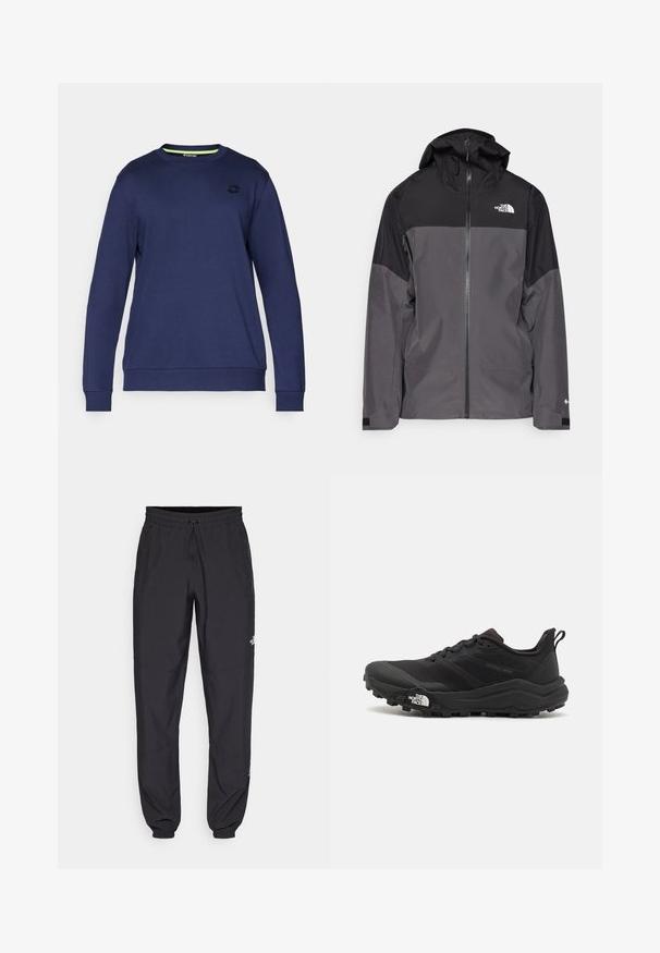 Casaco impermeável cinza com uma seção superior preta, fecho éclair à frente, capuz ajustável e punhos elásticos. Apresenta um logo no peito e na manga.; Sweatshirt azul-marinho feito de tecido suave, com gola redonda, mangas longas, punhos canelados e um logótipo discreto no peito.; Calças atléticas pretas feitas de tecido leve, com um cós ajustável por cordão, bolsos laterais e punhos afunilados nos tornozelos.; Sapatilha de trail running preta com um upper texturizado, sola de borracha e biqueira reforçada. Possui um colarinho acolchoado e uma alça para facilitar o calçar.