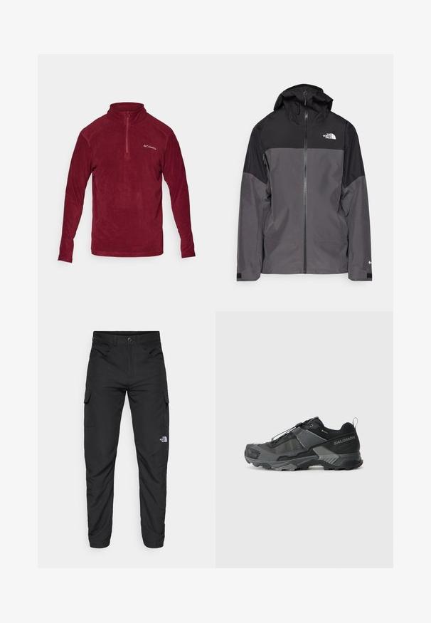 Hallide hall matroos jope, millel on must ülemine osa, lukuga esiosa, reguleeritav kapuuts ja elastsed varrukad. Selles on rinnal ja varrukal logo.; Burgundi kõrge kaelusega fliisist poolkootud jakk, millel on pool tõmblukk, pikad varrukad ja logo vasakul rinnal. Pehme tekstuur, vabam ja mugav disain.; The North Face HORIZON PANT - Õuepüksid - black; Musta matkajooksuking, millel on vastupidav sissetõmmatav mesh-ülemine osa, tugevdatud varbavarras, tekstureeritud kummitald ja elastne sidumisüsteem kindla sobivuse tagamiseks.
