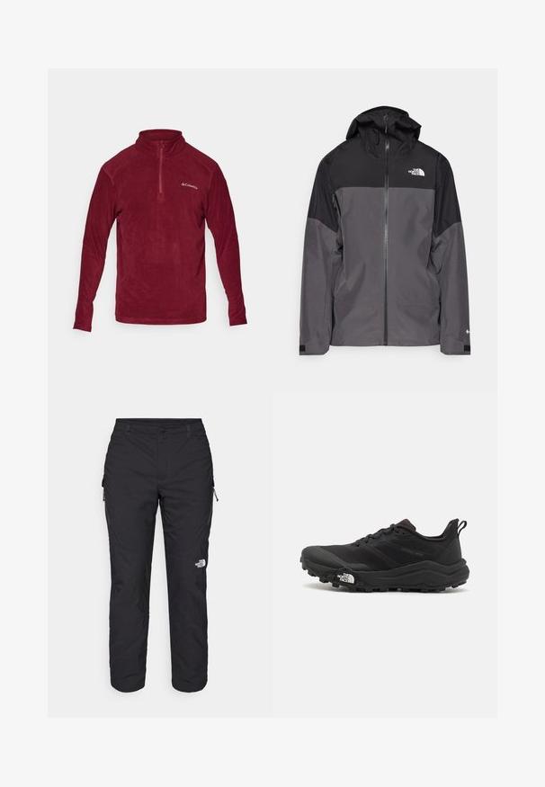 Szara wodoodporna kurtka z czarną górną częścią, zapinana na zamek, z regulowanym kapturem i elastycznymi mankietami. Posiada logo na klatce piersiowej i rękawie.; Burgundowy polarowy sweter z wysokim kołnierzem, półzamkiem, długimi rękawami i logo na lewej piersi. Miękka tekstura, casualowy design.; The North Face WINTER EXPLORATION czarny; Czarne buty do biegania w terenie z teksturowaną cholewką, gumową podeszwą i wzmocnionym noskiem. Posiadają wyściełany kołnierz oraz uchwyt do łatwego zakładania.