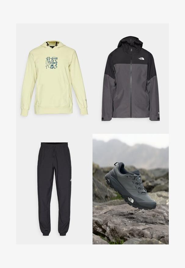 Giacca impermeabile grigia con sezione superiore nera, zip frontale, cappuccio regolabile e polsini elasticizzati. Presenta il logo sul petto e sulla manica.; Felpa gialla chiara con tasca frontale, dotata di un logo grafico blu. Realizzata in tessuto morbido, con cappuccio regolabile e polsini a costine.; Pantaloni sportivi neri realizzati in tessuto leggero, con vita regolabile con cordino, tasche laterali e orli affusolati alle caviglie.; Scarpa da trail running grigia con tomaia testurizzata, suola in gomma resistente e punta rinforzata. Presenta lacci e logo del marchio sul lato.