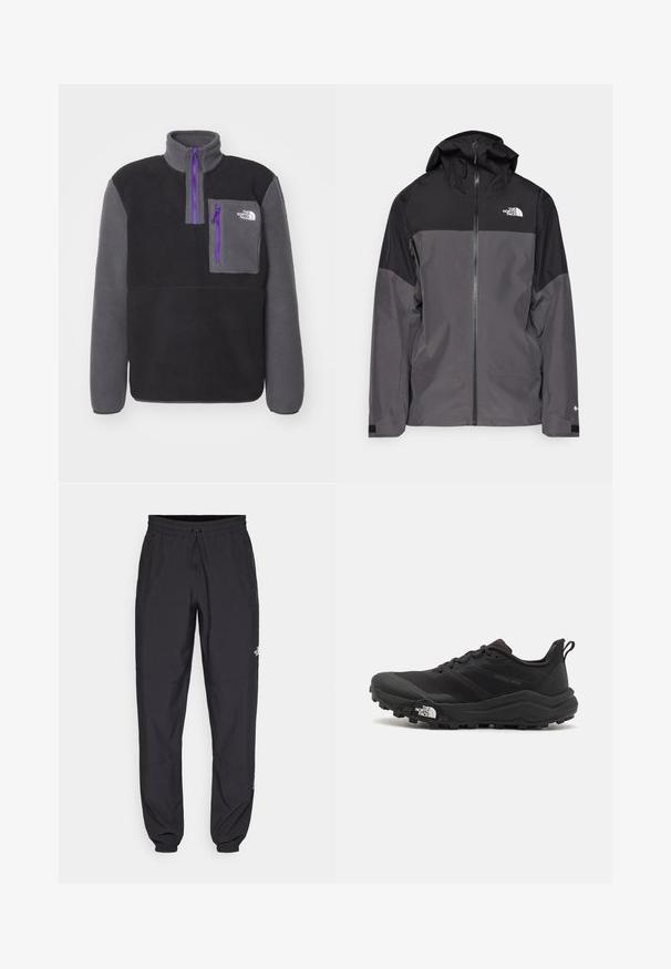 Casaco impermeável cinza com uma seção superior preta, fecho éclair à frente, capuz ajustável e punhos elásticos. Apresenta um logo no peito e na manga.; The North Face YUMIORI 1/4 ZIP - Camisola de lã polar - black/anthracite grey; Calças atléticas pretas feitas de tecido leve, com um cós ajustável por cordão, bolsos laterais e punhos afunilados nos tornozelos.; Sapatilha de trail running preta com um upper texturizado, sola de borracha e biqueira reforçada. Possui um colarinho acolchoado e uma alça para facilitar o calçar.