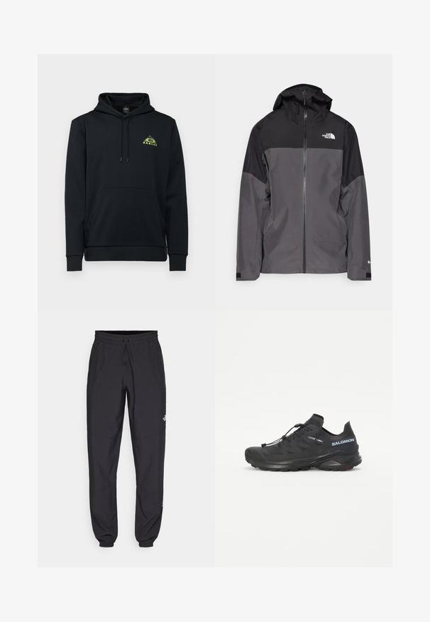 Pilkas vandeniui atsparus švarkas su juodu viršutiniu įdėklu, užtrauktuku priekyje, reguliuojamu gaubtu ir elastingomis rankovėmis. Yra logotipas ant krūtinės ir rankovės.; Oakley GRAPHIC PEAK HOODIE - Džemperis su gobtuvu - blackout; Juodos sportinės kelnės, pagamintos iš lengvos medžiagos, su raišteliu liemens srityje, šoniniais kišenėmis ir siaurėjantys apykaklės prie kulkšnies.; Juodas taktinės bėgimo batelis su tekstūruotu viršumi, elastinėmis raištelėmis ir Contagrip padu. Turi tvirtą prigludimą ir apsauginį kojų dangtelį.