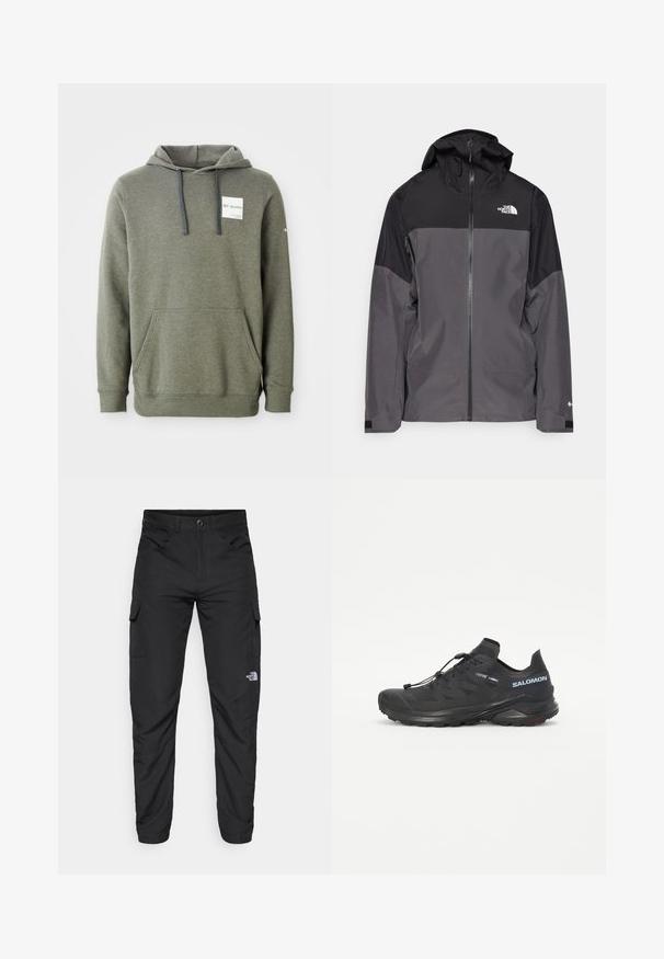 Casaco impermeável cinza com uma seção superior preta, fecho éclair à frente, capuz ajustável e punhos elásticos. Apresenta um logo no peito e na manga.; Moleton verde oliva com um bolso frontal, cordões ajustáveis e um patch de logotipo no peito; feito de um tecido macio e texturado.; The North Face HORIZON PANT - Calças para exterior - black; Sapatilha de trail running preta com um upper texturizado, atacadores elásticos e sola Contagrip. Apresenta um ajuste confortável e uma biqueira protetora.