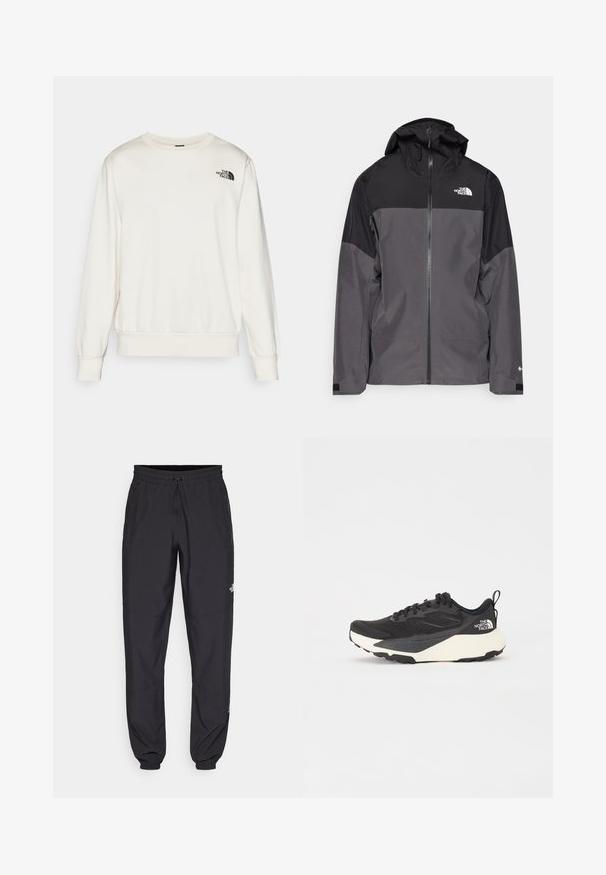 Grå vattentät jacka med svart övre del, dragkedja fram, justerbar huva och elastiska ärmslut. Har logotyp på bröstet och ärmen.; Vit sweatshirt i mjukt tyg, med rundhals, långa ärmar, ribbade muddar och en svart logotyp på vänster bröst.; Svarta träningsbyxor tillverkade av lättviktsmaterial, med dragsko i midjan, sidofickor och avsmalnande muddar vid anklarna.; Svart sportskor med strukturerad meshöversida, helt svarta detaljer och vit lätt sula. Utökad med snörning och dragflik.