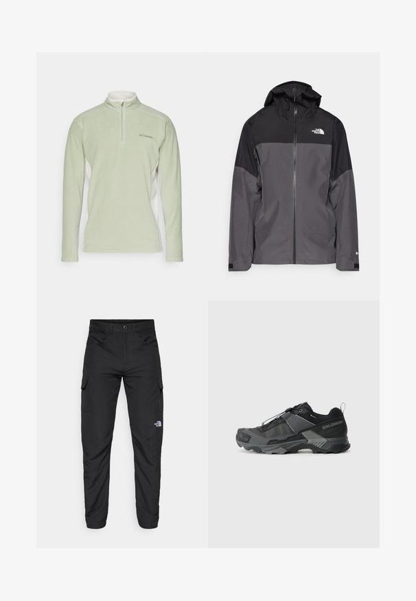 Grijze waterdichte jas met een zwart bovenstuk, een rits aan de voorkant, een verstelbare capuchon en elastische manchetten. Bevat logo op de borst en de mouw.; Lichtgroene fleece pullover met een hoge kraag en halve rits. Heeft witte zijpanelen en een klein logo op de borst. Zachte textuur.; The North Face HORIZON PANT - Outdoorbroeken - black; Zwarte trailhardloopschoenen met een duurzame mesh bovenkant, versterkte neuskap, gestructureerde rubberen zool en elastisch vetersysteem voor een veilige pasvorm.