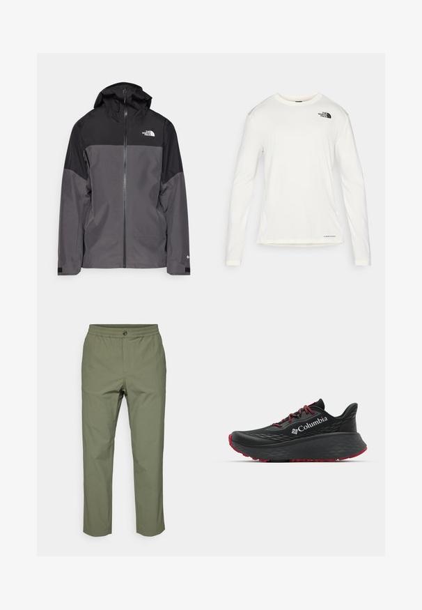 Pilkas vandeniui atsparus švarkas su juodu viršutiniu įdėklu, užtrauktuku priekyje, reguliuojamu gaubtu ir elastingomis rankovėmis. Yra logotipas ant krūtinės ir rankovės.; Balta ilga rankove marškiniai su apvalia iškirpte, tekstūruota medžiaga, juodas logotipas kairėje petyje ir subtilus prekės ženklas apačioje.; Olivinės žalios spalvos kelnės, pagamintos iš lengvos medžiagos, su elastinga juosmens juosta, sagos uždarymu ir tiesiomis kojomis, be matomų raštų.; Juodas sportinis batelis su tekstūruota viršutine dalimi, raudonais raišteliais ir logotipu. Storas padas su raštuotu protektoriu traukai. Minimalistinis dizainas, šoninis vaizdas.