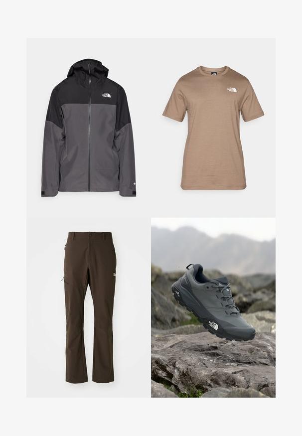 Siva vodoodbojna jakna z črnim zgornjim delom, zadrgo spredaj, nastavljivo kapuco in elastičnimi manšetami. Ima logotip na prsih in rokavih.; Majica s kratkimi rokavi iz svetlo rjavega bombaža z majhnim belim logotipom na prsih. Klasičen kroj s krožnim vratnim izrezom, gladka tekstura in standardna prileganje.; Jack Wolfskin HOLDSTEIG PANTS - Hlače za na prostem - peat; Sive teka za trail tek, z teksturirano zgornjimi deli, trpežnim gumijastim podplatom in ojačanim kapico za prste. Ima vezi in logotip blagovne znamke na strani.