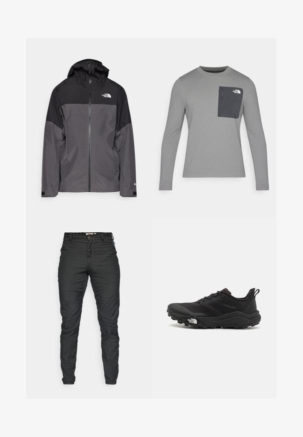 Chaqueta impermeable gris con sección superior negra, cierre frontal con cremallera, capucha ajustable y puños elásticos. Presenta un logo en el pecho y la manga.; Camisa de manga larga gris con tejido texturizado, que presenta un bolsillo en el pecho de color gris oscuro y un cierre de cremallera. Logotipo blanco en el bolsillo.; Pantalones negros ajustados hechos de tela resistente. Incluyen un cierre en la parte frontal, presillas para el cinturón y bolsillos laterales con cremalleras. Textura suave.; Zapatilla de trail running negra con upper texturizado, suela de goma y puntera reforzada. Presenta un collar acolchado y una lengüeta para poner y quitar fácilmente.