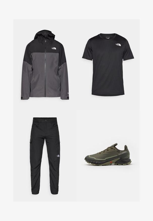 Gray waterproof jacket with a black upper section, zippered front, adjustable hood, and elastic cuffs. Features logo on chest and sleeve.; Black short-sleeve t-shirt made of textured fabric, featuring a small white logo on the upper left chest area, round neckline.; The North Face HORIZON PANT - Outdoor trousers - black; Olive green running shoes with a textured fabric upper, black rubber sole, rounded toe, and adjustable lace-up design. Features red accent.