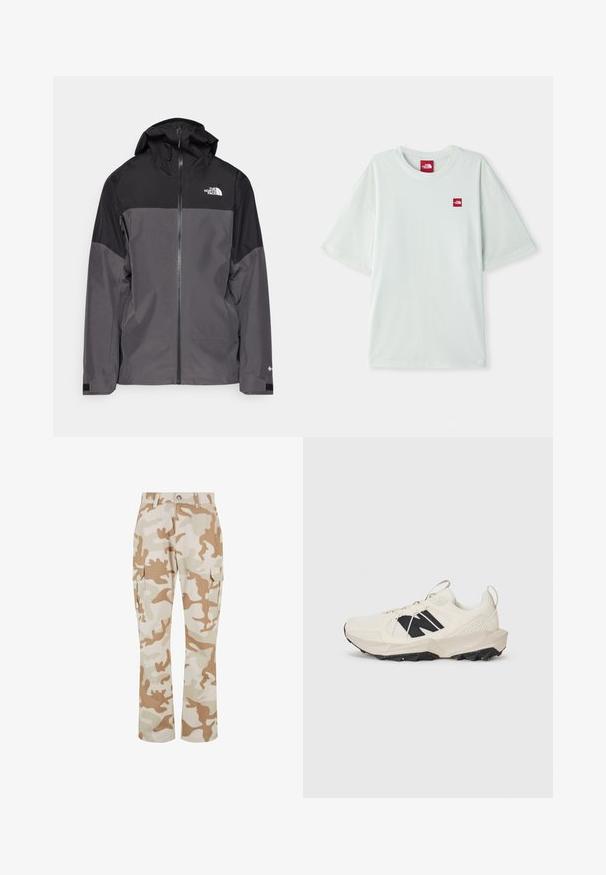 Pelēks ūdensnecaurlaidīgs mētelis ar melnu augšējo daļu, ar rāvējslēdzēja priekšpusi, regulējamu kapuci un elastīgām aprocēm. Iekļauj logotipu uz krūtīm un piedurknēm.; Gaiši zaļa īsām piedurknēm T-kreklu, izgatavotu no mīksta kokvilnas, ar mazu sarkanu logo etiķeti kreisajā krūtīs. Brīvs griezums un apaļa kakla izgriezums.; Zilā kamuflāžas krāsas kravas bikses ar sānu kabatām, izgatavotas no gludas struktūras auduma, ar taisnu kāju dizainu un pogu aizdari.; Gaiši bežs sneaker ar tīkla augšdaļu, melnu logotipu un teksturētu zoli. Akcentēts ar ģeometrisku rakstu uz vidus zoles.