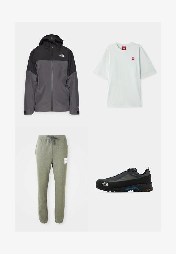 Pelēks ūdensnecaurlaidīgs mētelis ar melnu augšējo daļu, ar rāvējslēdzēja priekšpusi, regulējamu kapuci un elastīgām aprocēm. Iekļauj logotipu uz krūtīm un piedurknēm.; Gaiši zaļa īsām piedurknēm T-kreklu, izgatavotu no mīksta kokvilnas, ar mazu sarkanu logo etiķeti kreisajā krūtīs. Brīvs griezums un apaļa kakla izgriezums.; Hētera pelēkas taperētas sporta bikses ar elastīgu jostu, auklu, sānu kabatām, potīšu aprocēm un mazu baltu zīmola etiķeti labajā augšstilbā.; The North Face VERTO ALPINE GORE TEX - Pārgājienu apavi - asphalt grey/tnf black