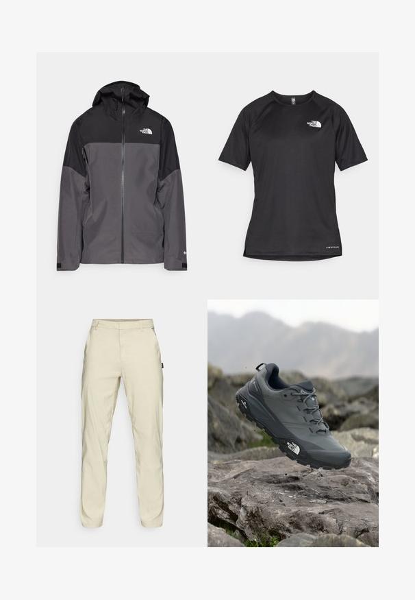 Pelēks ūdensnecaurlaidīgs mētelis ar melnu augšējo daļu, ar rāvējslēdzēja priekšpusi, regulējamu kapuci un elastīgām aprocēm. Iekļauj logotipu uz krūtīm un piedurknēm.; Melna sporta krekla īsām piedurknēm ar strukturētu audumu, kas ir ar baltu logotipu kreisajā krūtīs un taisnu apakšmalu.; Oakley TERRAIN PANT - Auduma bikses - silver sage/white; Pelēki skrējēju apavi ar teksturētu virsu, izturīgu gumijas zoli un pastiprinātu pirkstu daļu. Iekļauj šņores un zīmola logo sānos.