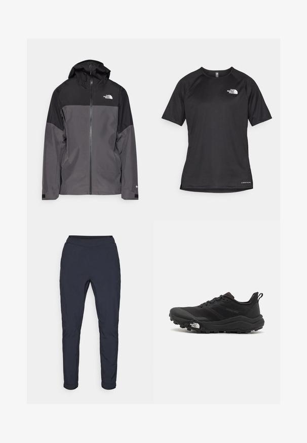 Šedá nepremokavá bunda s čiernou hornou časťou, so zipsom vpredu, nastaviteľnou kapucňou a elastickými manžetami. Obsahuje logo na hrudi a rukáve.; Čierne športové tričko s krátkym rukávom z texturovanej látky, s bielym logom na ľavej hrudi a rovným lemom.; Tmavo modré ľahké nohavice s hladkým povrchom, elastickým pásom a manžetami na koncoch. Obsahujú jemné švy a elegantný dizajn.; Čierne trailové behacie topánky s štruktúrovaným zvrškom, gumovou podrážkou a vystuženou špičkou. Obsahuje polstrovaný golier a úchyt na jednoduché obúvanie.