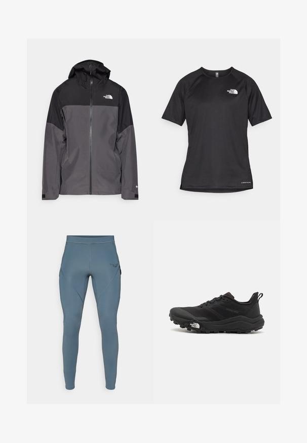 Chaqueta impermeable gris con sección superior negra, cierre frontal con cremallera, capucha ajustable y puños elásticos. Presenta un logo en el pecho y la manga.; Camiseta atlética corta negra de manga corta con una tela texturizada, que presenta un logo blanco en el lado izquierdo del pecho y un dobladillo recto.; Leggings deportivos azules con una textura suave, cuentan con bolsillos laterales y un logo negro en contraste en la cadera. Diseño ajustado.; Zapatilla de trail running negra con upper texturizado, suela de goma y puntera reforzada. Presenta un collar acolchado y una lengüeta para poner y quitar fácilmente.