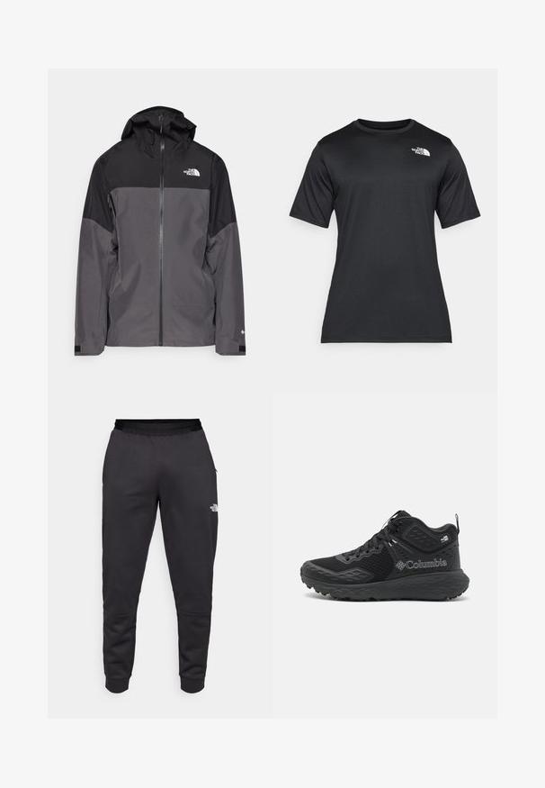 Grå vattentät jacka med svart övre del, dragkedja fram, justerbar huva och elastiska ärmslut. Har logotyp på bröstet och ärmen.; Svart kortärmad t-shirt i lätt, fuktavvisande material. Har en vit logotyp på vänster bröst och rund halsringning.; Svarta sweatpants i slätt tyg, med en smalnande design, elastisk midja och logodetalj på höger ben.; Svarta vandringsskor med ett meshnät, texturerade detaljer, en dämpad sula och en framträdande logga. Har ett säkert snörningssystem och dragflik.