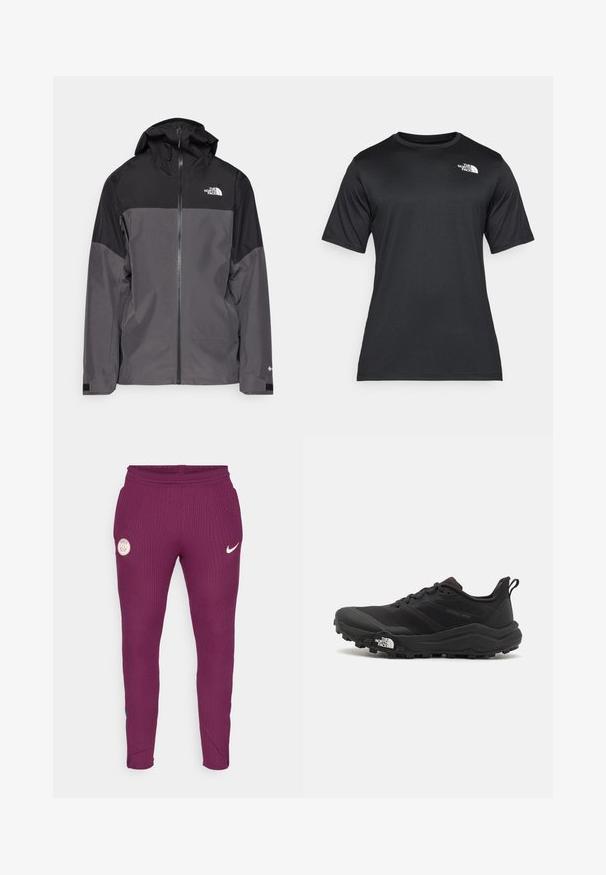Pelēks ūdensnecaurlaidīgs mētelis ar melnu augšējo daļu, ar rāvējslēdzēja priekšpusi, regulējamu kapuci un elastīgām aprocēm. Iekļauj logotipu uz krūtīm un piedurknēm.; Melnā īsās piedurknes T-kreklā, izgatavotā no viegla, mitrumu uzsūcoša auduma. Tam ir balts logo kreisajā krūtīs un apaļa kakla izgriezums.; Violet ribota sporta bikses ar Nike logo un Parīzes emblēmu uz kreisā augšstilba. Elastīga josta un sašaurināti potītes gali.; Melnas taku skriešanas kurpes ar teksturētu virsu, gumijas zoli un pastiprinātu pirkstu daļu. Aprīkotas ar mīkstu apkakli un vilkšanas cilpu, lai viegli uzvilktu.