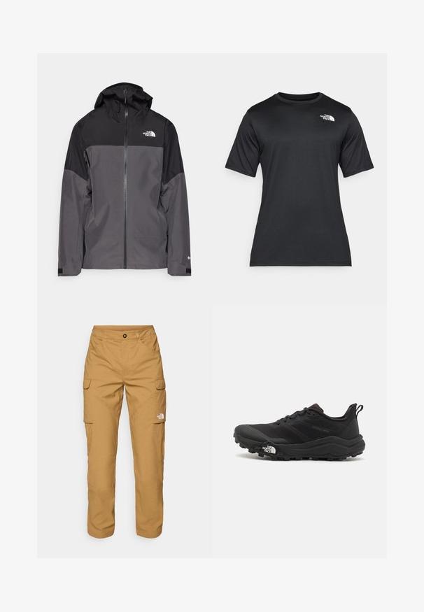 Γκρίζα αδιάβροχη ζακέτα με μαύρο πάνω τμήμα, με φερμουάρ μπροστά, ρυθμιζόμενη κουκούλα και ελαστικούς καρπούς. Περιλαμβάνει λογότυπο στο στήθος και στο μανίκι.; Μαύρη κοντομάνικη μπλούζα φτιαγμένη από ελαφρύ, υφασμάτινο αντιακατακλυσματικό ύφασμα. Διαθέτει λευκό λογότυπο στο αριστερό στήθος και κλειστό λαιμό.; The North Face EXPLORATION PANTS - Παντελόνι cargo - utility brown; Μαύρο αθλητικό παπούτσι τρεξίματος με υφασμάτινο άνω μέρος, καουτσούκ σόλα και ενισχυμένη μύτη. Διαθέτει επενδεδυμένο κολάρο και θηλιά στα πίσω για εύκολη φορεσιά.