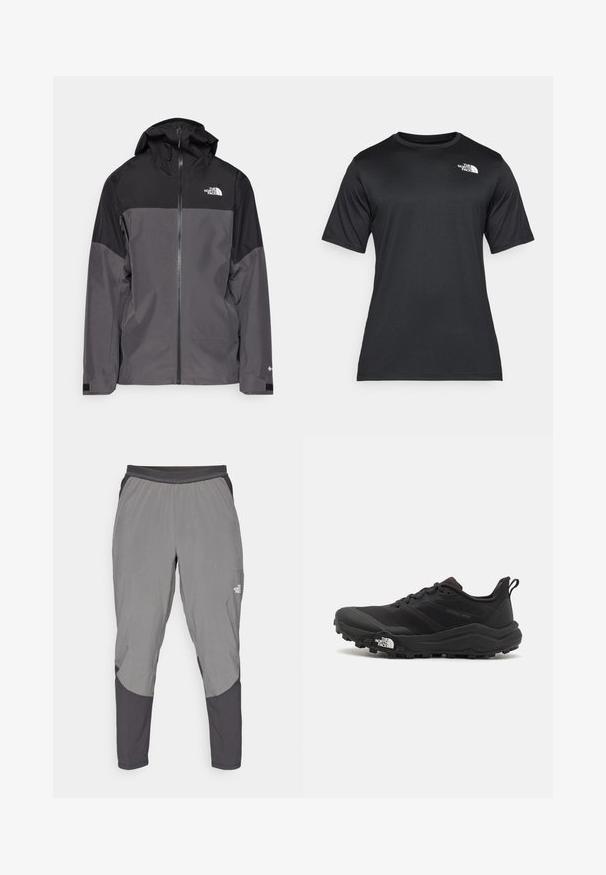 Casaco impermeável cinza com uma seção superior preta, fecho éclair à frente, capuz ajustável e punhos elásticos. Apresenta um logo no peito e na manga.; Camiseta preta de manga curta feita de um tecido leve e que absorve a umidade. Apresenta um logo branco no lado esquerdo do peito e um decote redondo.; The North Face SUNRISER PANT - Calças para exterior - smoked pearl/asphalt grey; Sapatilha de trail running preta com um upper texturizado, sola de borracha e biqueira reforçada. Possui um colarinho acolchoado e uma alça para facilitar o calçar.