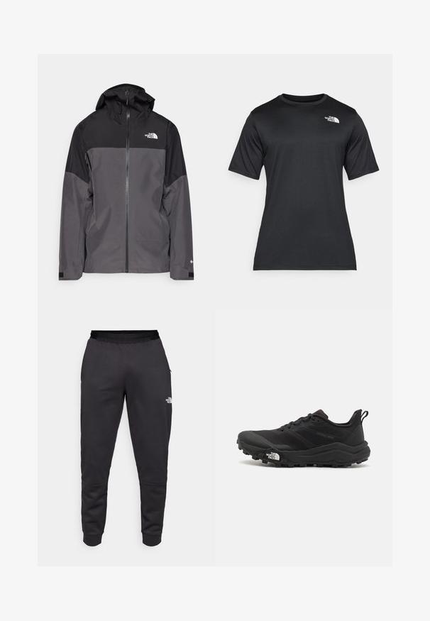 Gray waterproof jacket with a black upper section, zippered front, adjustable hood, and elastic cuffs. Features logo on chest and sleeve.; Black short-sleeve t-shirt made of lightweight, moisture-wicking fabric. Features a white logo on the left chest and a crew neckline.; Black sweatpants made of smooth fabric, featuring a tapered design, elastic waistband, and logo detail on the right leg.; Black trail running shoe with a textured upper, rubber sole, and reinforced toe cap. Features a padded collar and pull tab for easy wear.