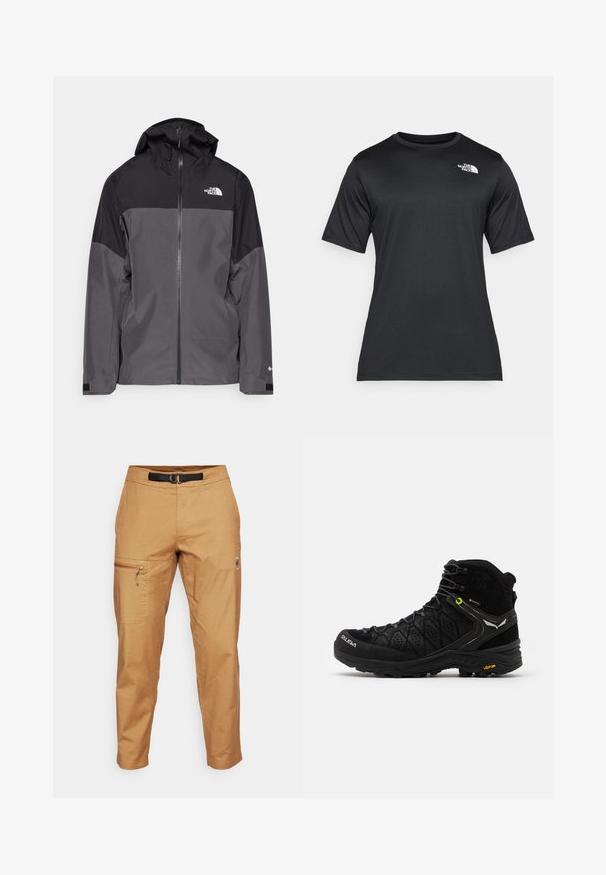 Jachetă impermeabilă gri, cu o secțiune superioară neagră, fermoar frontal, glugă ajustabilă și manșete elastice. Prezintă logo pe piept și pe mânecă.; Tricou negru cu mânecă scurtă, fabricat dintr-un material ușor și cu proprietăți de îndepărtare a umidității. Prezentă un logo alb pe partea stângă a pieptului și un decolteu tip echipaj.; Pantaloni cargo maro deschis cu o croială conică, prevăzuți cu un buzunar lateral cu fermoar și o curea neagră. Confecționați dintr-un material texturat.; Botană de drumeție neagră, cu un material superior texturat, vârful întărit și talpa Vibram. Sistemul de șirete include cârlige pentru o fixare sigură.