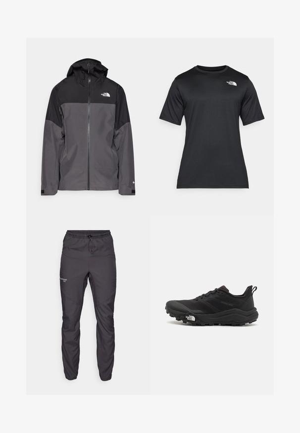 Szürke vízálló dzseki fekete felső résszel, cipzáros elülső rész, állítható kapucni és rugalmas mandzsetta. A mellkason és az ujjon logóval ellátva.; Fekete, rövid ujjú póló, könnyű, nedvességelvezető anyagból készült. Bal oldalon fehér logóval rendelkezik, és kerek nyakú.; Fekete, könnyű kültéri nadrág vízlepergető anyagból, rugalmas derékrésszel és szűkített bokákkal. Pántos díszítéssel és logóval készült.; Fekete terepfutó cipő, textúrált felső résszel, gumitalppal és megerősített lábujjrészével. Párnázott bokarésszel és húzófüllel rendelkezik a könnyű felhúzáshoz.
