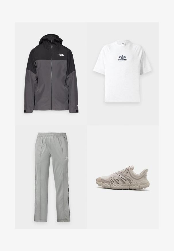 Šedá nepromokavá bunda s černou horní částí, zipem vpředu, nastavitelnou kapucí a elastickými manžetami. Na hrudi a rukávu je logo.; Bílý tričko s krátkým rukávem a kulatým výstřihem, se raglánovými švy a černým logem Umbro umístěným na hrudi.; Svetle šedé sportovní kalhoty Umbro s elastickým pasem a černobílými bočními pruhy, vystavené na bílém pozadí.; Světlé šedé sportovní boty s vrchní částí z prodyšné síťoviny, vlnitým bočním designem a silnou, texturovanou podrážkou. Obsahují tkaničky a branding na boku.